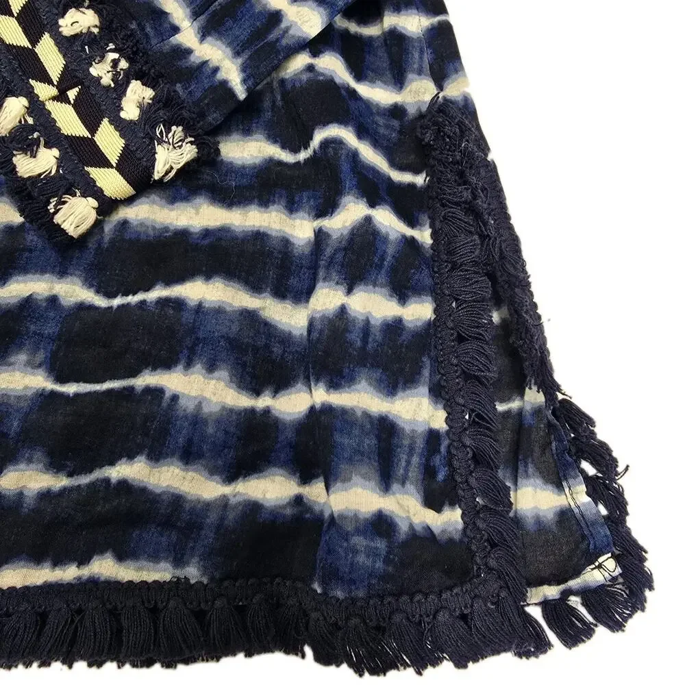 Tory Burch Blue Tie Dye Embellished Cotton Voile Tunic Shirt Size 4 Fringe Boho